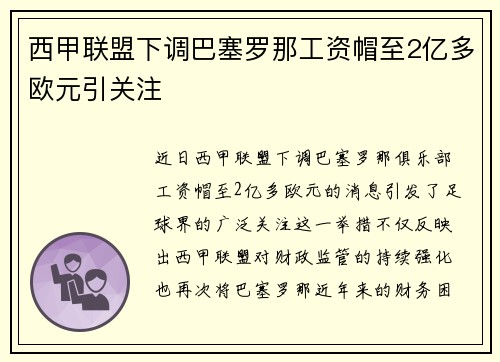 西甲联盟下调巴塞罗那工资帽至2亿多欧元引关注 西甲联盟下调巴塞罗那工资帽至2亿多欧元引关注